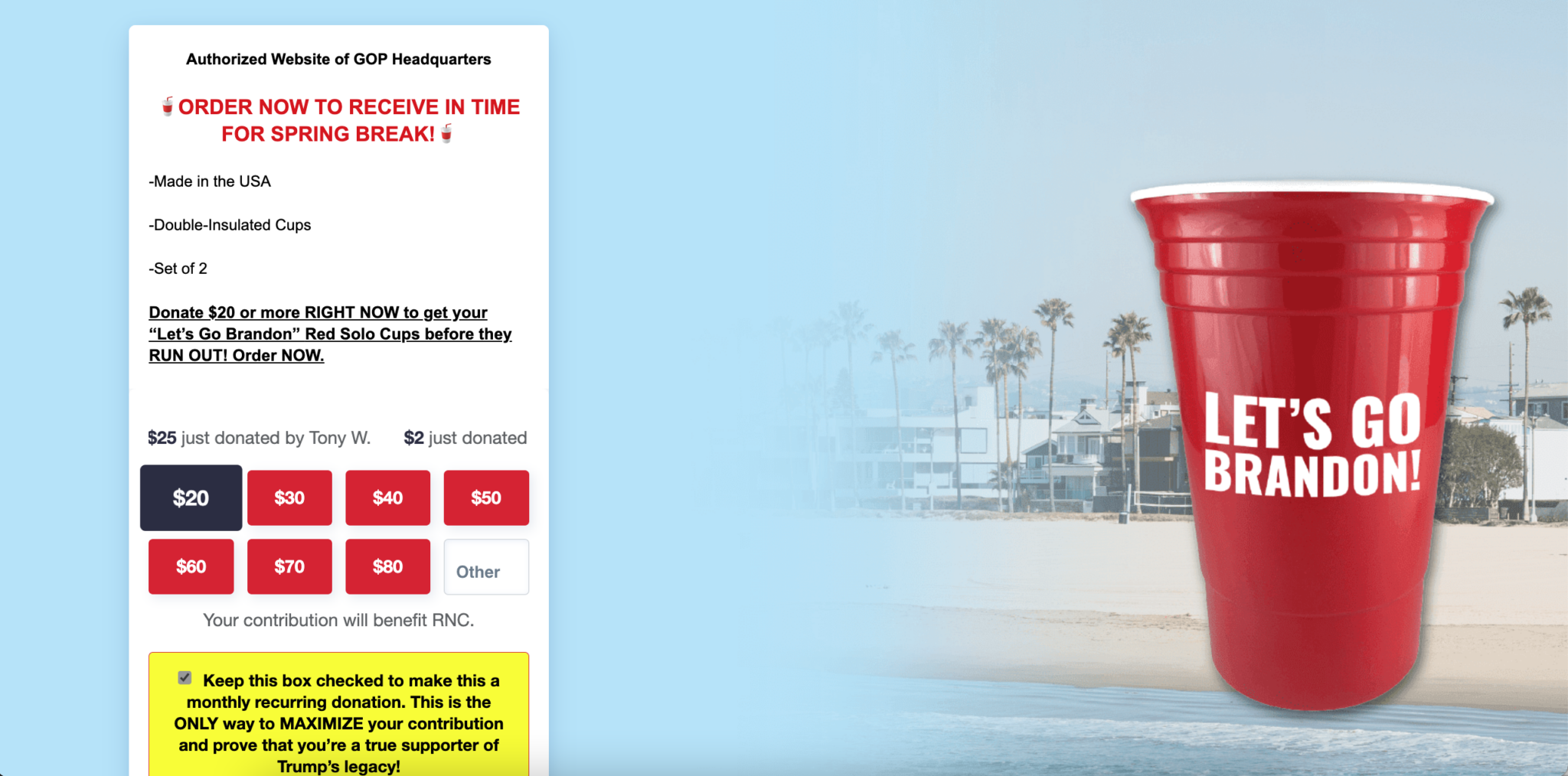 "LET'S GO BRANDON" Solo cups only 20 for 2 at RNC National Zero